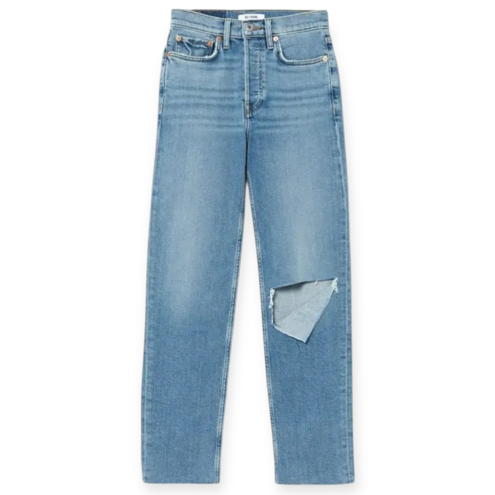 NWT Redone High Rise Stove Pipe Jeans Brisk Blue w Rips Straight Size 24 fits 25